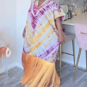 Tie-Dye Fringe Tassel Maxi Kaftan Dress